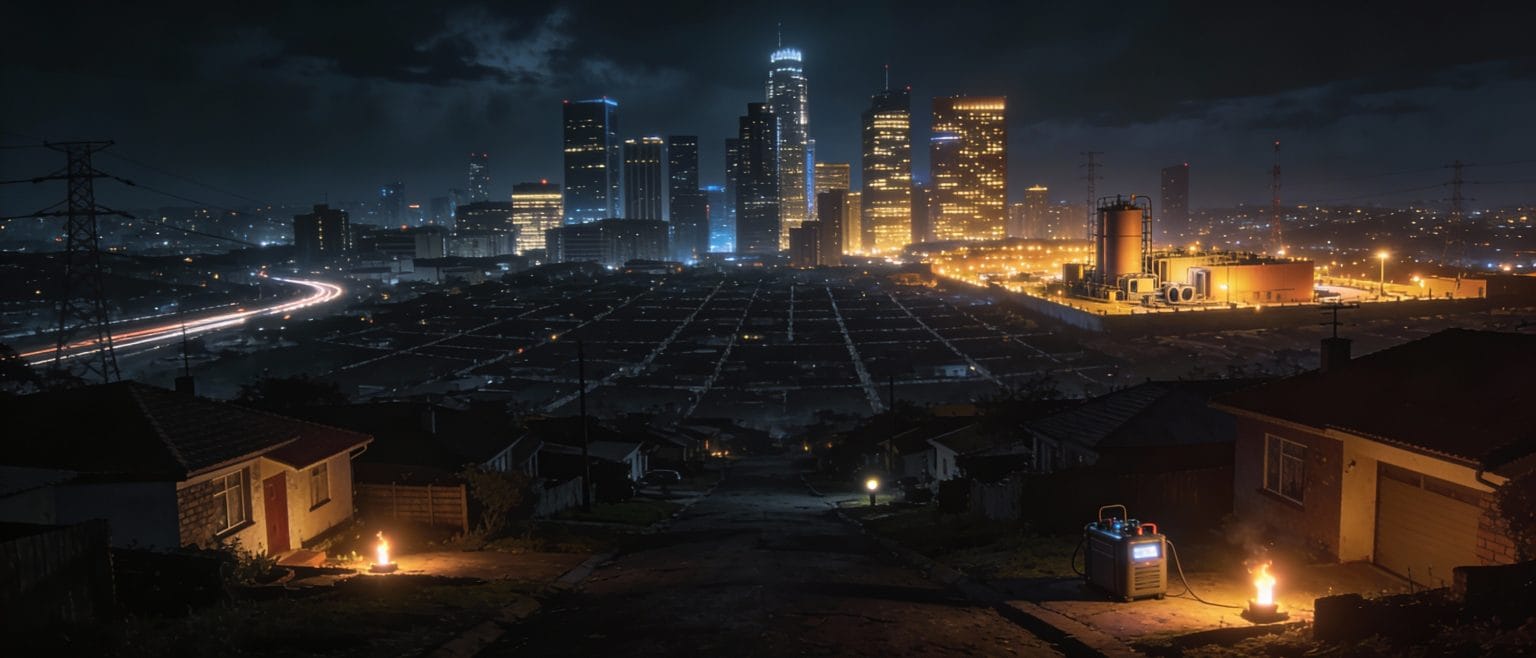Ilustración de una ciudad de noche durante un apagón: una zona residencial a oscuras iluminada solo por pequeñas hogueras y un generador, con un perfil urbano parcialmente iluminado a lo lejos.