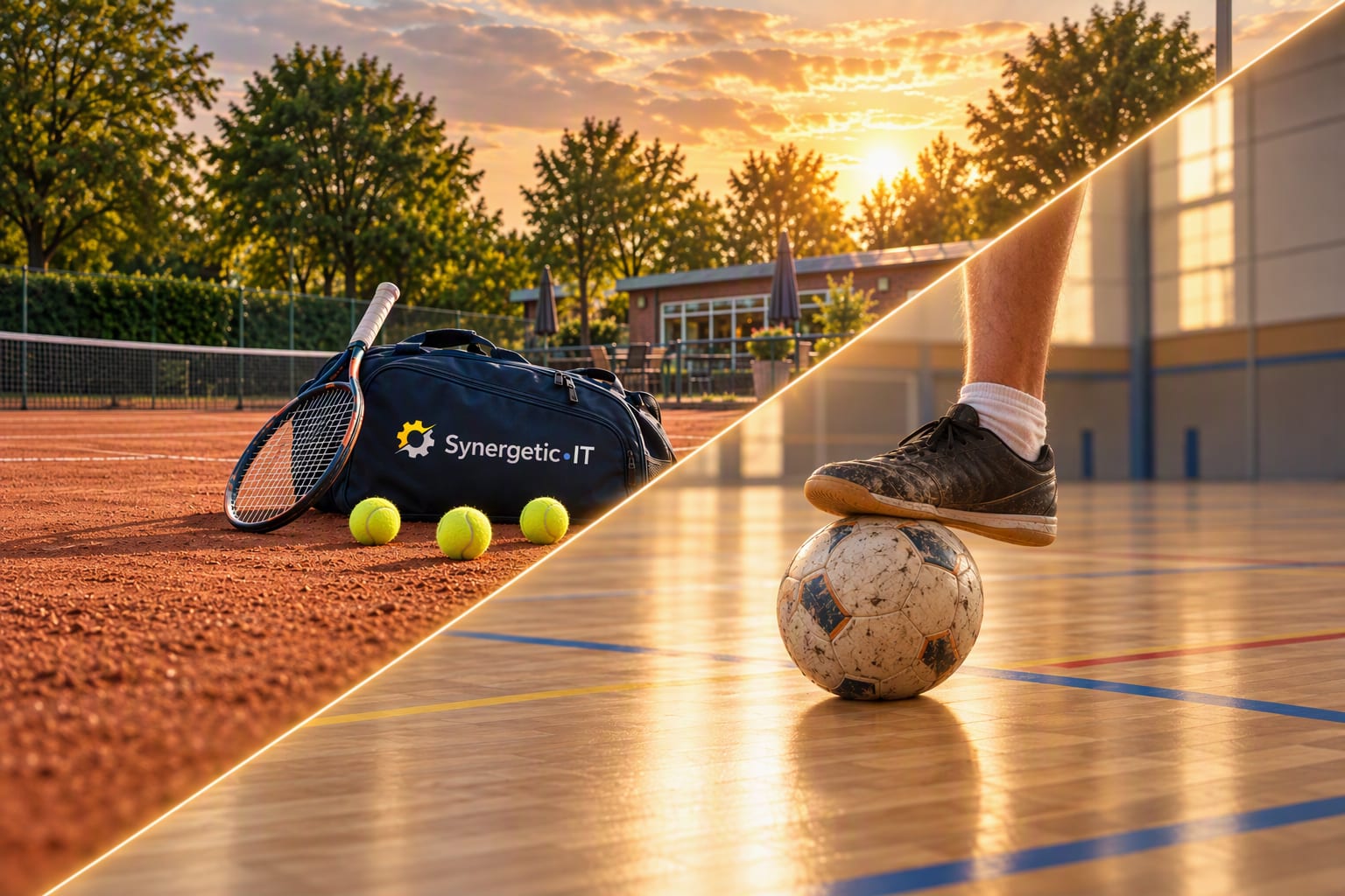 Een diagonaal gedeelde foto: op een gravel tennisbaan een donkerblauwe tennistas van Synergetic IT met een racket en drie tennisballen; op een sporthalvloer een flink versleten zaalvoetbalschoen met een afgezakte sok, rustend op een versleten bal.
