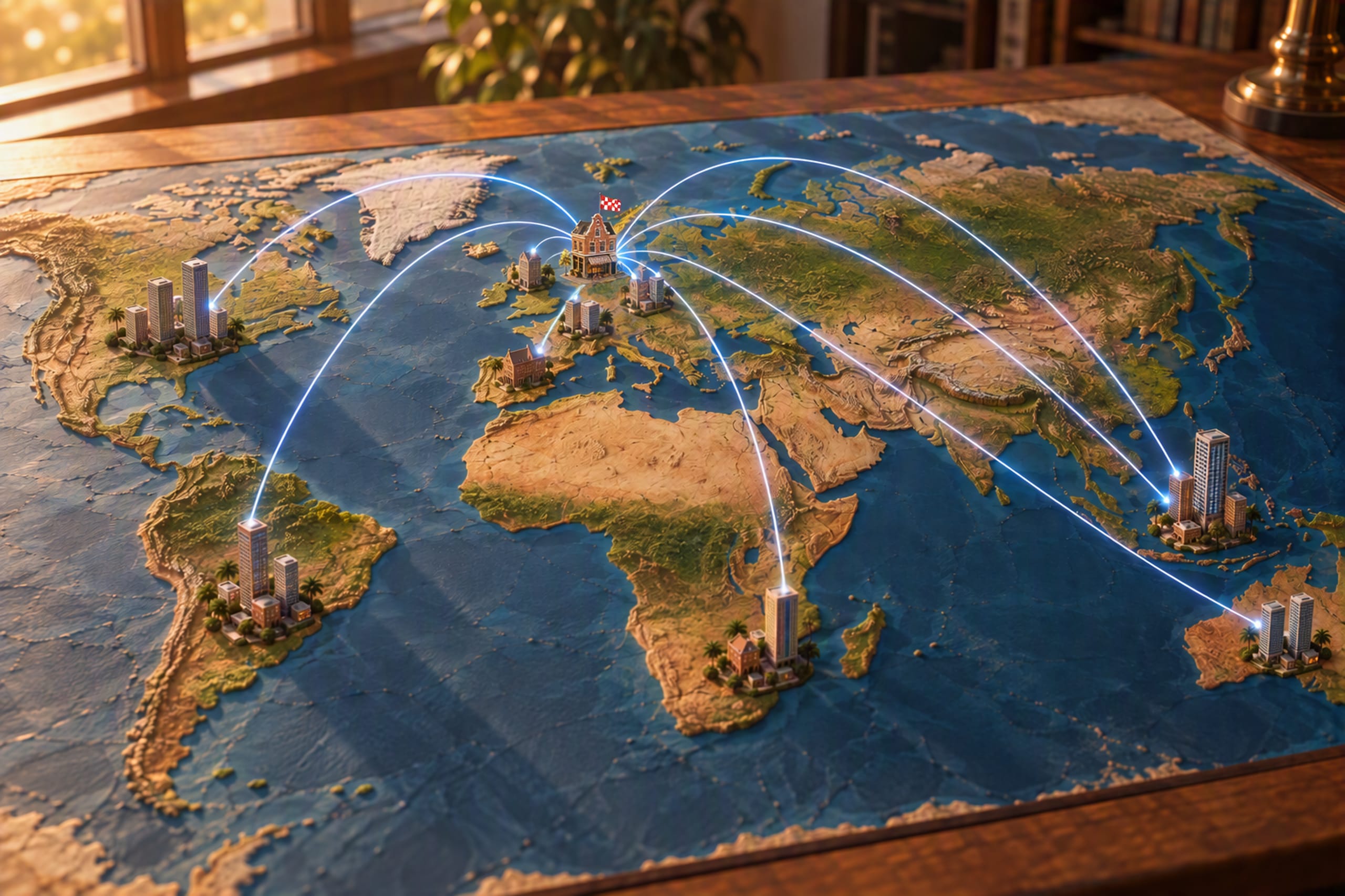 Een handgemaakte wereldkaart in reliëf op een houten bureau in warm avondlicht: op Nederland staat een kleine Nederlandse buurtwinkel met een rood-witte Brabantse vlag, en gloeiende bogen verbinden die met modelgebouwen in Europa, Amerika, Afrika, Azië en Australië.