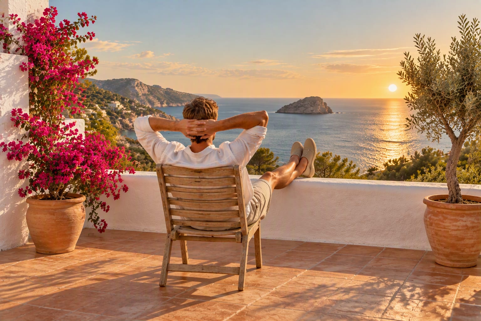 Een man, van achteren gezien, helemaal ontspannen in een houten stoel op een zonnig terras op Ibiza, met zijn handen achter zijn hoofd en zijn voeten gekruist op het lage witte muurtje, uitkijkend over een kalme zee.