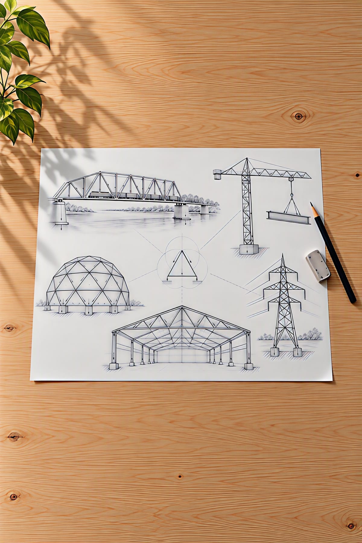Een potloodtekening op wit papier: één driehoek in het midden, met stippellijnen verbonden met een vakwerkbrug waarover een goederentrein rijdt, een torenkraan die een stalen balk optilt, een geodetische koepel, een hoogspanningsmast en de dakspanten van een grote hal.