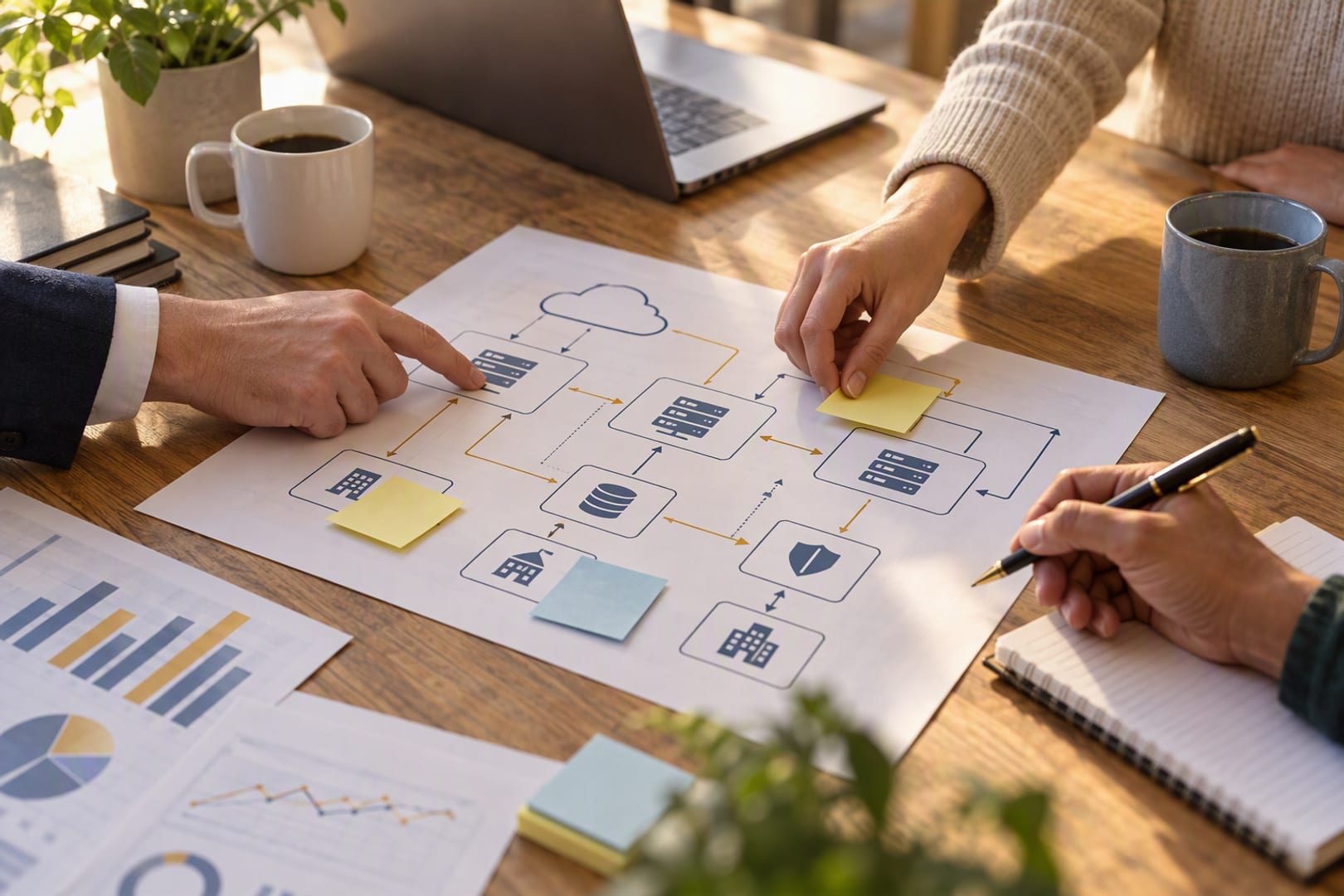 Three people work together at a wooden table on one printed IT system diagram: one points at a server, one places a sticky note, one takes notes.