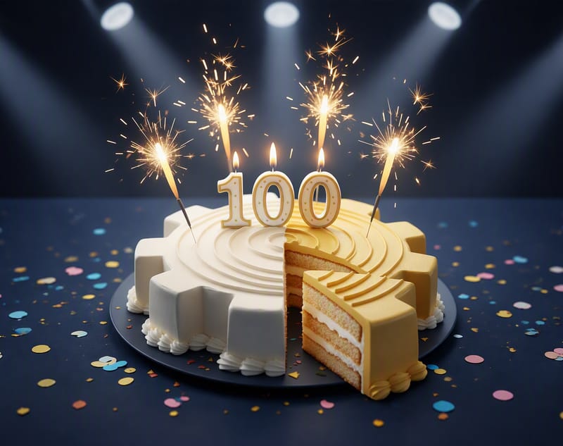 Eine Festtagstorte in Form eines weiß-goldenen Zahnrads mit einem herausgeschnittenen Stück, gekrönt von 100 Kerzen und Wunderkerzen unter hellen Scheinwerfern.