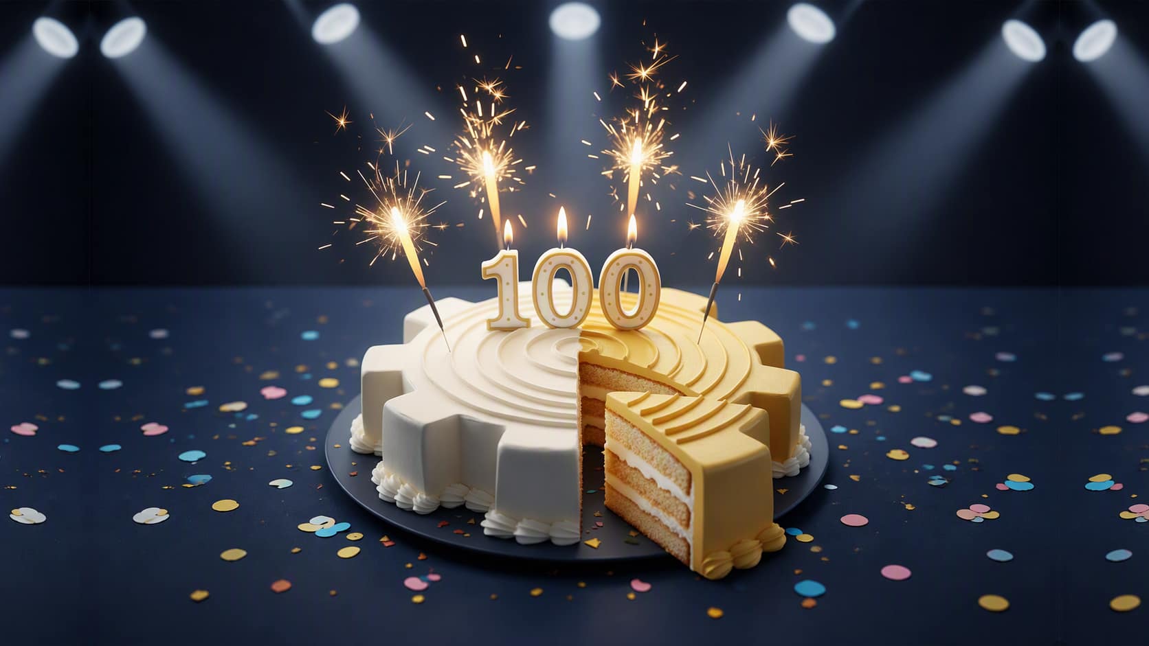 A celebration cake shaped like a white and gold gear with a slice cut out, topped with 100 candles and sparklers under bright spotlights.