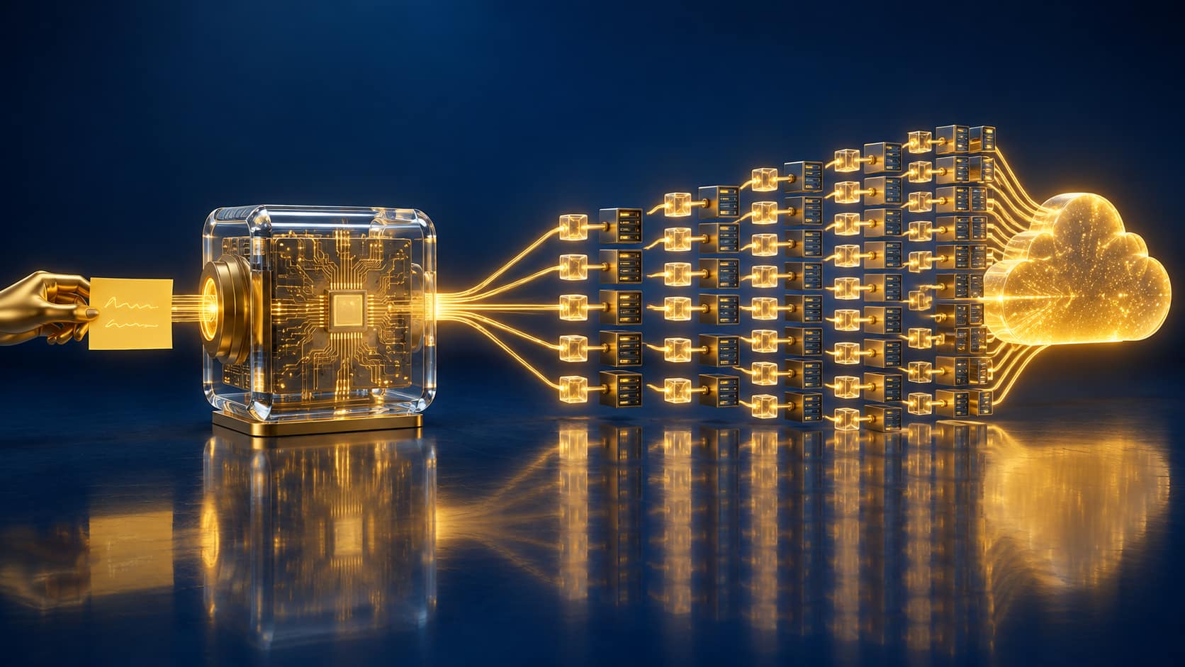 A golden hand feeds a handwritten note into a glass machine with golden circuits; one beam leaves it and fans out into rows of small glowing agents, each building its own server, rising into a golden cloud.