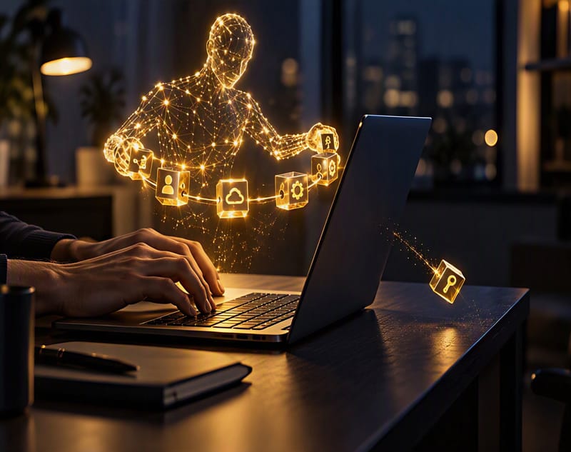 Hände tippen nachts auf einem Laptop, während ein leuchtender goldener KI-Agent aus verbundenen Punkten einen Ring kleiner Würfel mit Symbolen für Identität, Cloud und Einstellungen hält; ein Würfel mit einem Schlüssel löst sich und fällt Richtung Schreibtisch.