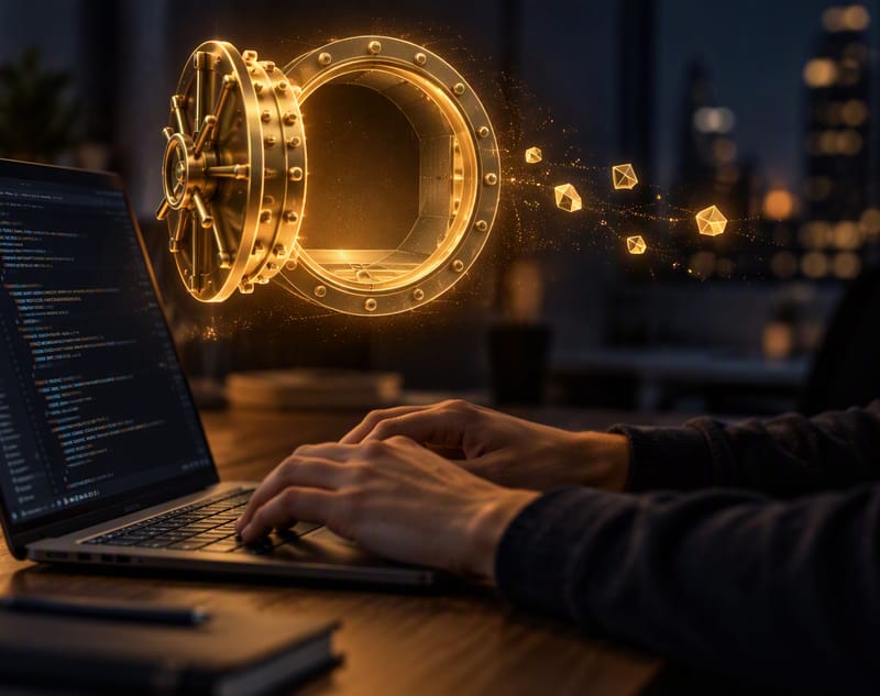 Die Hände eines Entwicklers tippen nachts in einem dämmrigen Büro auf einem Laptop mit Code-Editor; über dem Laptop steht eine leuchtende goldene Tresortür offen vor einem leeren Tresor, und ein paar goldene Bruchstücke treiben hinaus und verblassen.