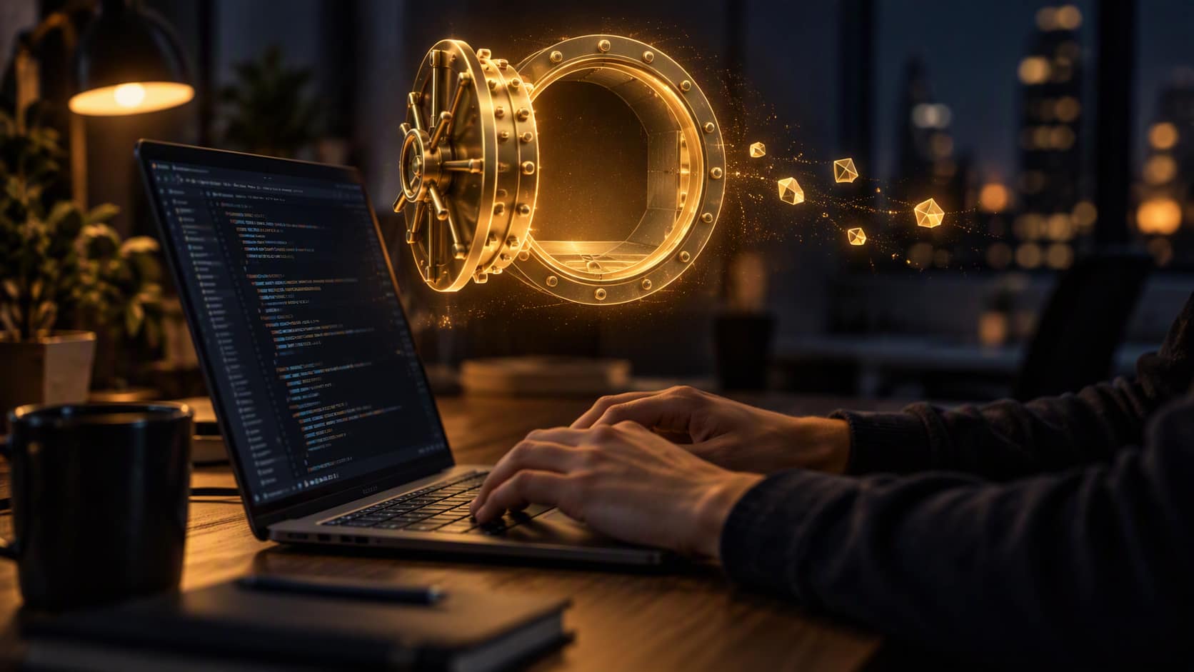 A developer's hands typing on a laptop with a code editor in a dim office at night; above the laptop a glowing golden vault door stands open on an empty vault, and a few golden fragments drift out and fade.