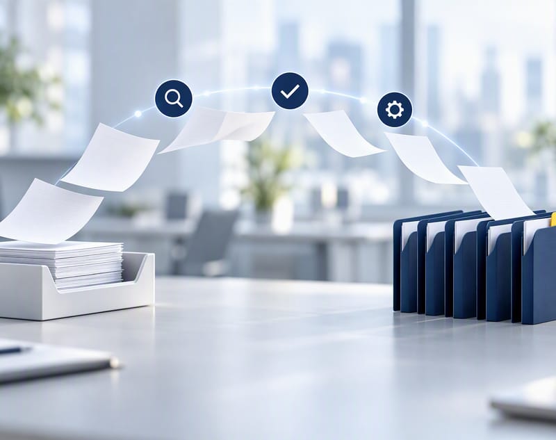 On a bright office desk, white sheets lift off a stack in an inbox tray and glide in an arc past three navy icons, a magnifying glass, a check mark and a gear, into a row of navy folders, the last one with a yellow tab.