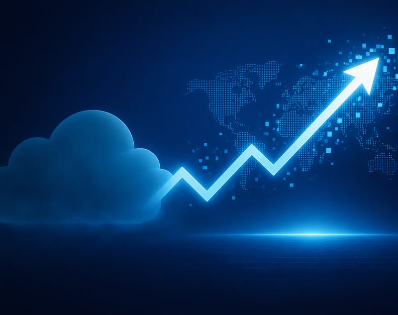 A soft blue cloud on the left, from which a glowing light-blue arrow zigzags up to the top right over a dotted world map of small blue squares, on a dark blue background.