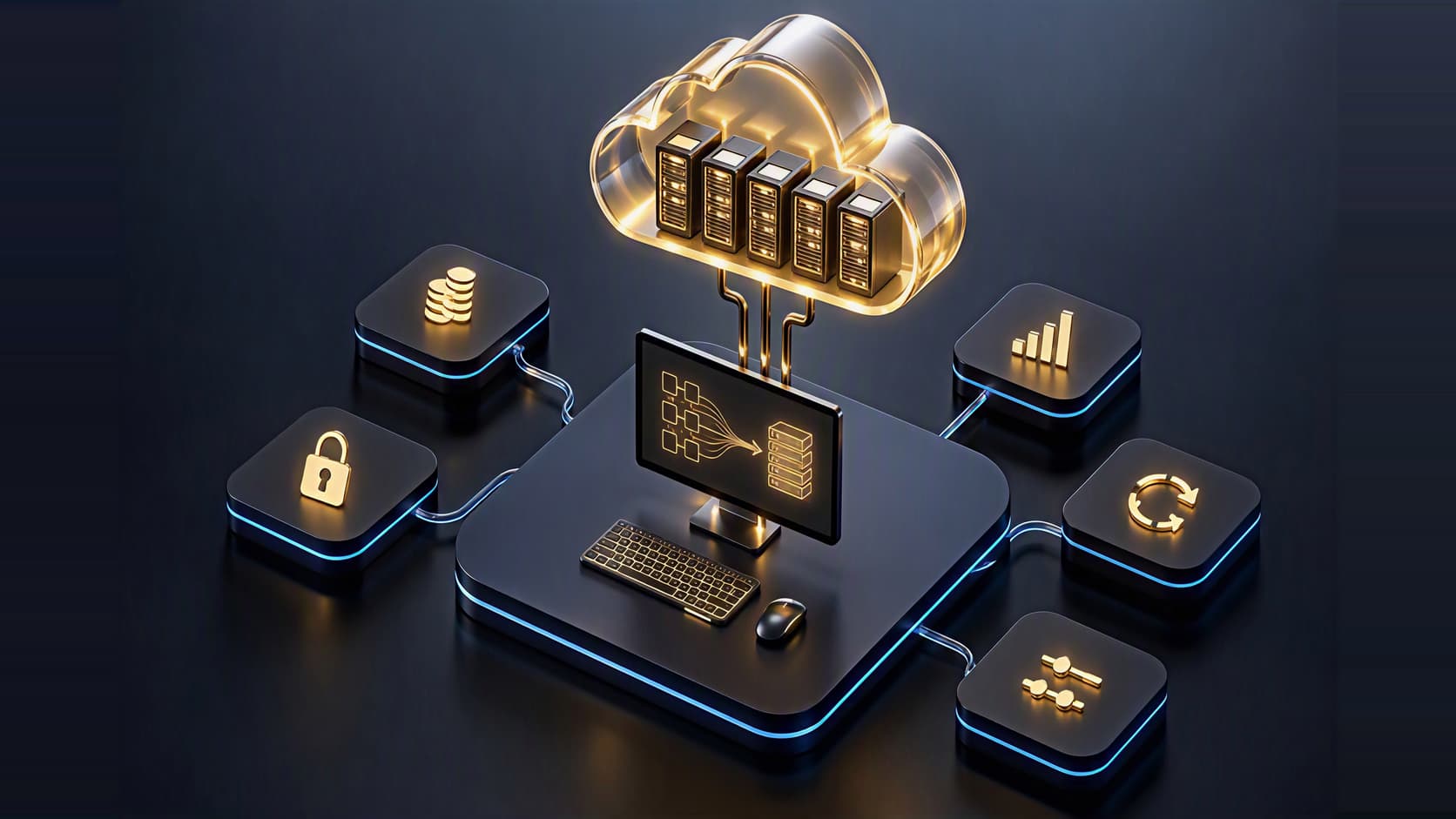 An isometric workstation on a navy platform, linked by golden cables to a glass cloud full of glowing servers, surrounded by five tiles with golden symbols: coins, a padlock, rising bars, a circular arrow and sliders.