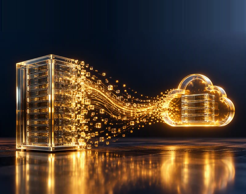 Ein klares Glas-Serverrack links löst sich in Ströme leuchtender goldener Partikel auf, die über einen spiegelnden Boden in eine goldene Wolke fließen, die einen kleinen Serverstapel enthält.