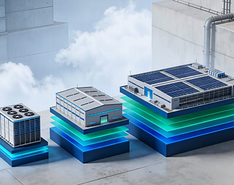 Drei Rechenzentrumsgebäude zunehmender Größe auf gestapelten leuchtend blauen und grünen Plattformen, von einer kleinen Einheit bis zu einem großen Campus mit Solarmodulen auf dem Dach, vor hellen Wolken.