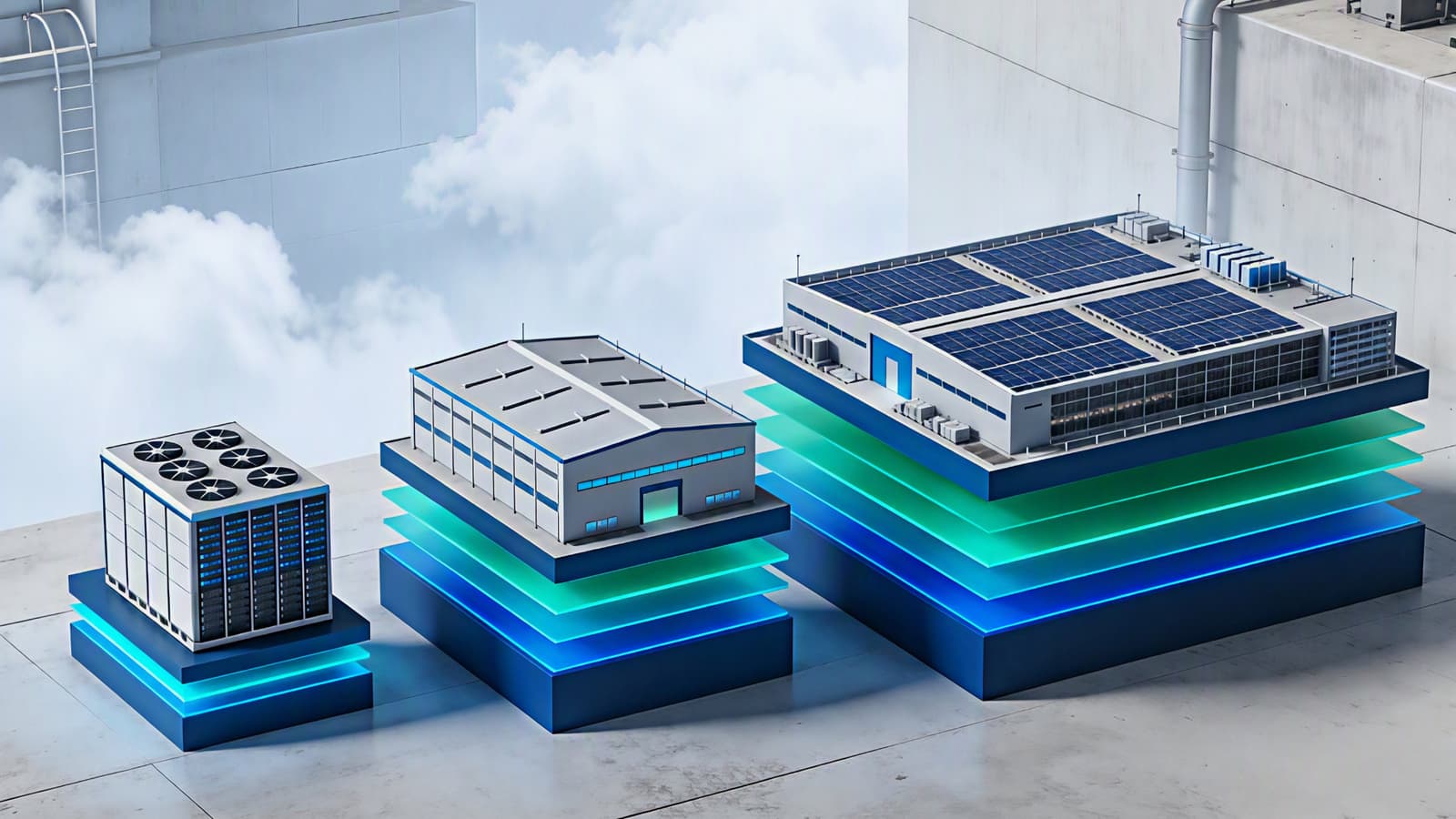 Tres edificios de centro de datos de tamaño creciente sobre plataformas apiladas de luz azul y verde, desde una pequeña unidad hasta un gran campus con placas solares en el tejado, contra nubes claras.