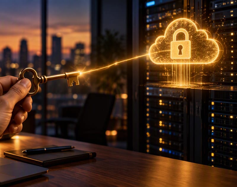 Eine Hand hält an einem Schreibtisch in der Abenddämmerung einen alten Messingschlüssel, der durch einen dünnen goldenen Strahl mit einer leuchtenden goldenen Wolke mit Vorhängeschloss über einer Reihe von Serverracks verbunden ist.