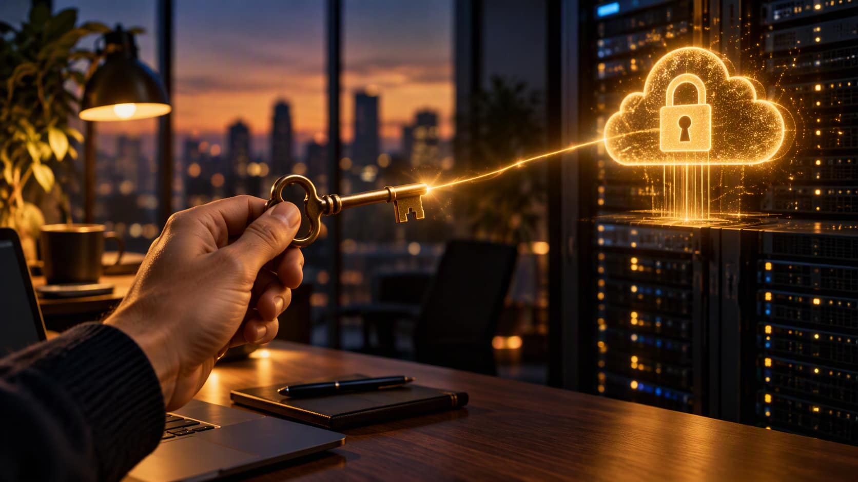 A hand holding an old brass key at a desk at dusk, joined by a thin golden beam to a glowing golden cloud with a padlock above a row of server racks.