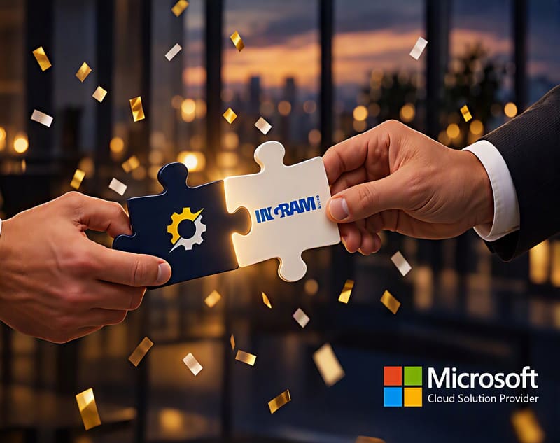 Zwei Hände in Anzugärmeln fügen ein marineblaues Puzzleteil mit dem Zahnrad von Synergetic IT und ein weißes Puzzleteil mit dem Ingram-Micro-Logo zusammen, goldenes Konfetti fällt in einem Büro in der Abenddämmerung, und das Microsoft-Cloud-Solution-Provider-Abzeichen in der Ecke.