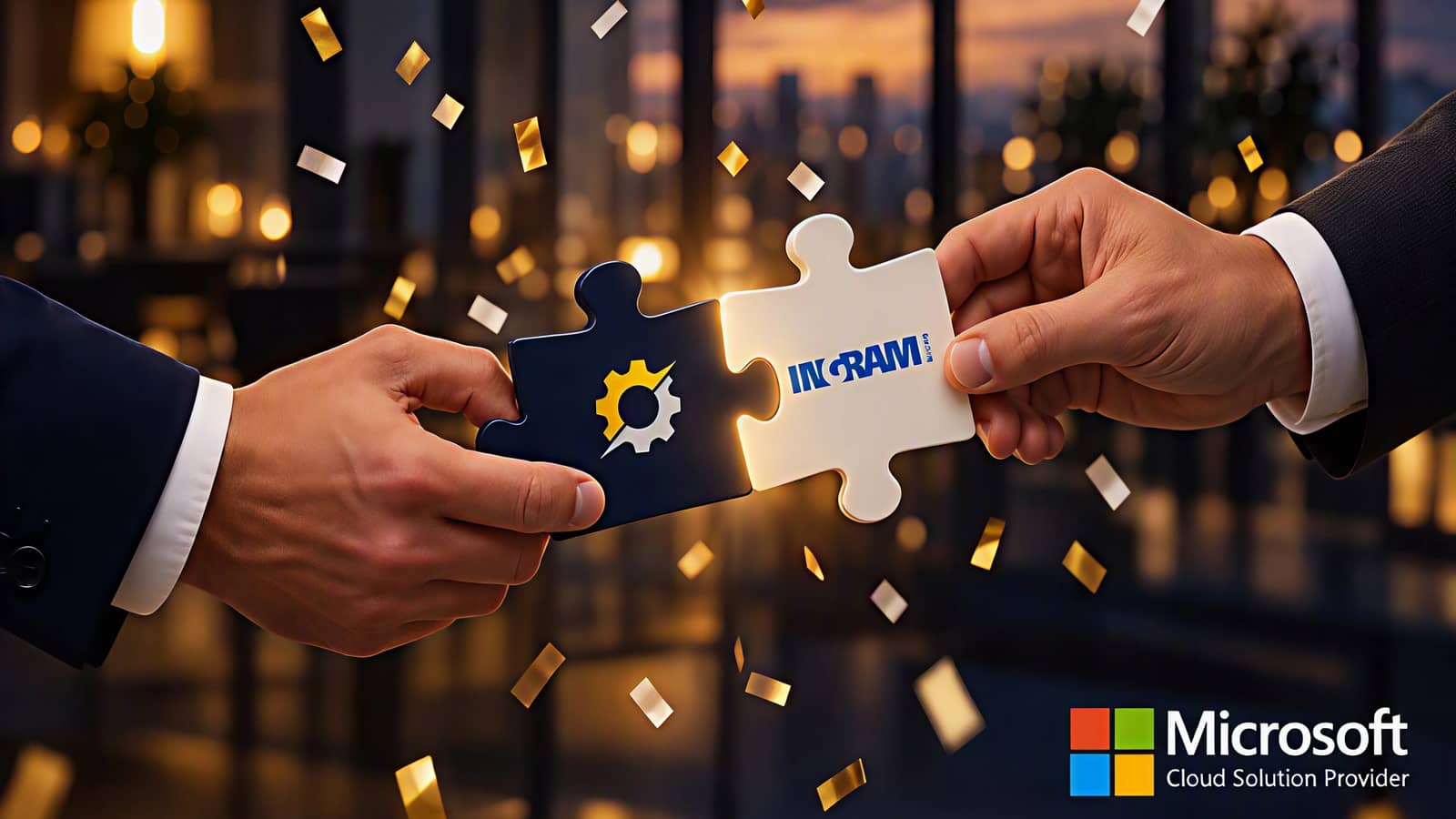 Two hands in suit sleeves join a navy puzzle piece with the Synergetic IT gear and a white puzzle piece with the Ingram Micro logo, gold confetti falling in an office at dusk, and the Microsoft Cloud Solution Provider badge in the corner.