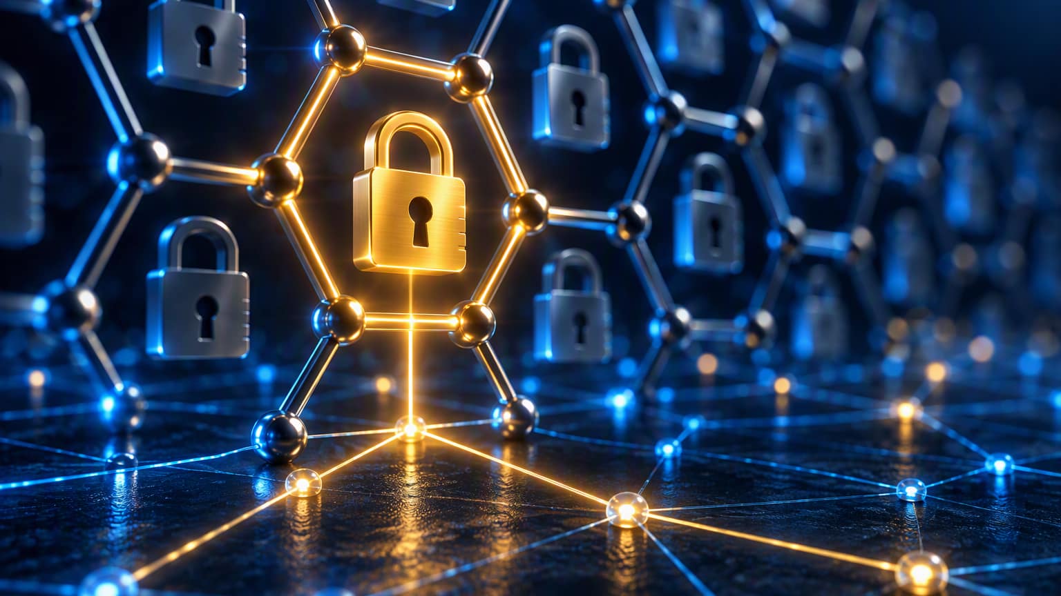 A hexagonal steel lattice of padlocks lit in cool blue, with one golden padlock in front whose cell glows gold and sends golden lines into a network of glowing nodes on the floor.