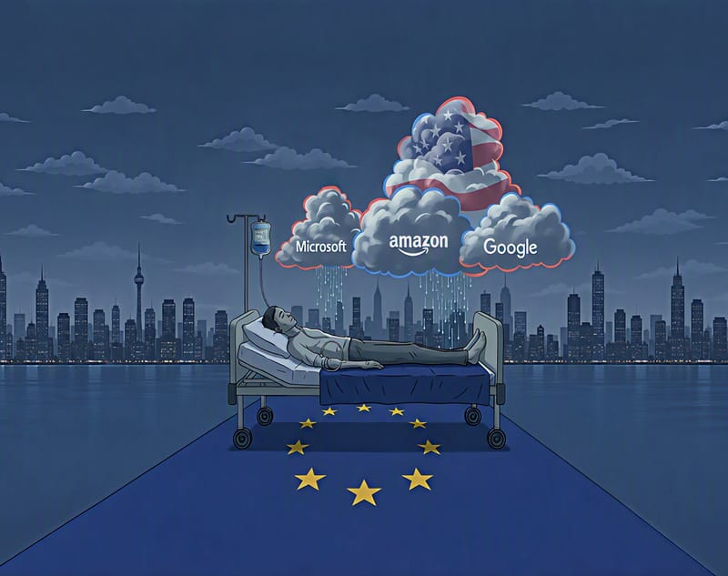 Illustration eines Patienten in einem Krankenhausbett auf einem Teppich mit den europäischen Sternen, an einen Tropf angeschlossen, unter Wolken mit den Namen Microsoft, Amazon und Google und einer Wolke mit der amerikanischen Flagge, vor einer Stadtsilhouette bei Nacht.