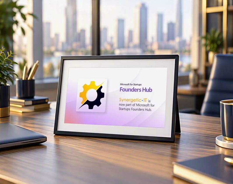 Das offizielle Microsoft-for-Startups-Founders-Hub-Abzeichen von Synergetic IT, gedruckt und gerahmt auf einem Schreibtisch im Morgenlicht, neben einem geschlossenen Laptop, einer Pflanze und einer Tasse Kaffee.