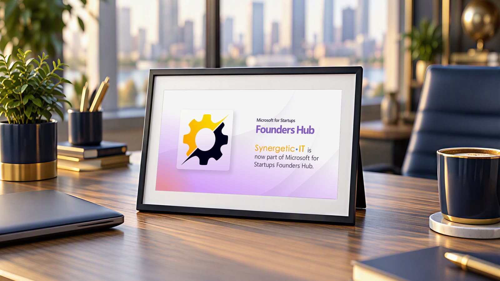 The official Microsoft for Startups Founders Hub badge of Synergetic IT, printed and framed on an office desk in morning light, beside a closed laptop, a plant and a cup of coffee.