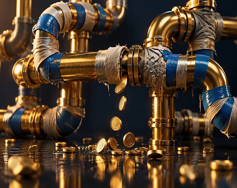Polierte Messingrohre, an jeder Verbindung mit blauem und grauem Klebeband geflickt, aus deren undichter Naht Goldmünzen auf einen nassen, dunklen Boden tropfen.