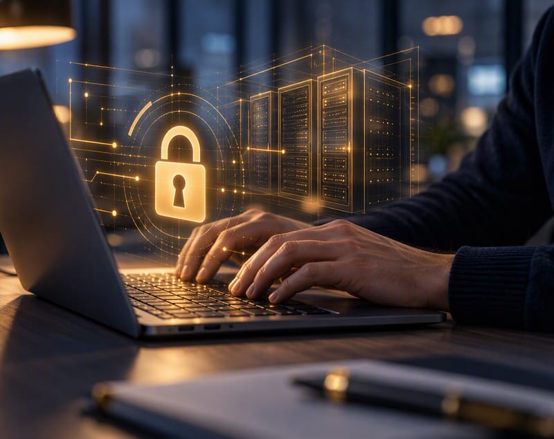 Hände tippen auf einem Laptop in einem dämmrigen Büro bei Sonnenuntergang, mit einem leuchtenden goldenen Vorhängeschloss und einem goldenen Bauplan von Serverracks, die über der Tastatur schweben.