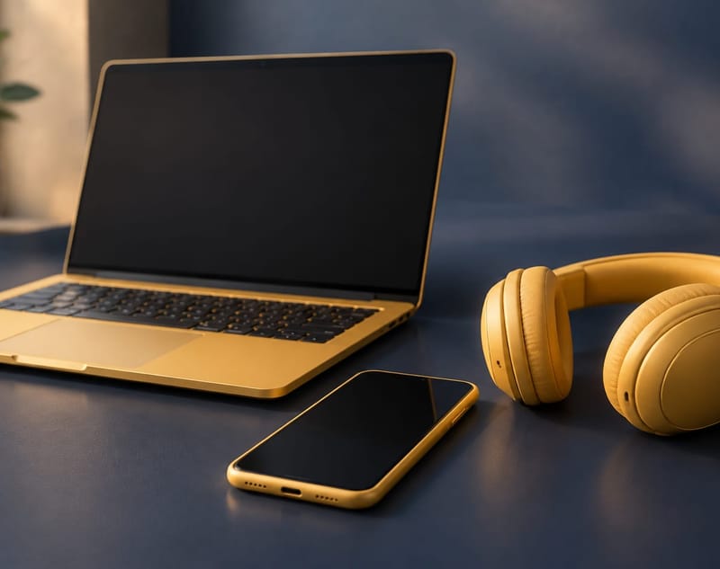 Ein goldener Laptop, ein Smartphone und ein kabelloses Headset als zusammengehöriges Set auf einer dunkel marineblauen Fläche, jedes Teil mit einem sanften Leuchten an den Kanten.