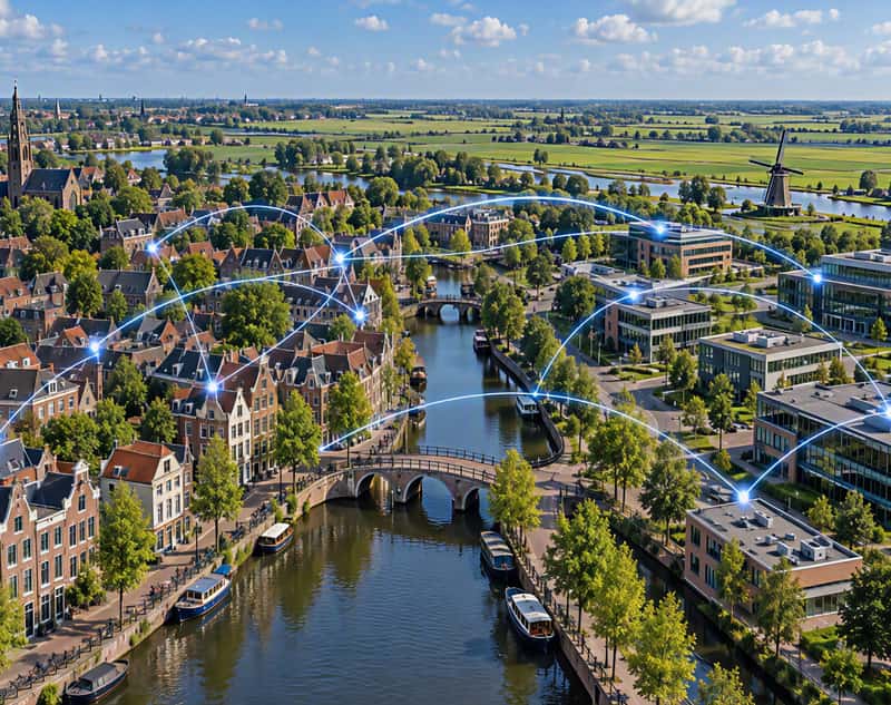 Luftaufnahme einer niederländischen Stadt an einem sonnigen Tag, mit Grachtenhäusern, Bogenbrücken und Booten entlang einer Gracht, einem Gewerbepark mit modernen Büros und grünen Polderfeldern mit einer Windmühle dahinter, verbunden durch dünne Linien blauen Lichts zwischen den Gebäuden.