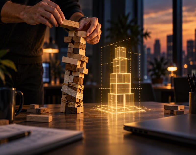 Hände setzen einen weiteren Klotz auf einen schiefen Turm aus ungleichen Holzklötzen, die mit Klebeband zusammengehalten werden, neben einem leuchtenden goldenen Bauplan, wie der Turm hätte gebaut werden sollen, auf einem Schreibtisch in der Abenddämmerung.