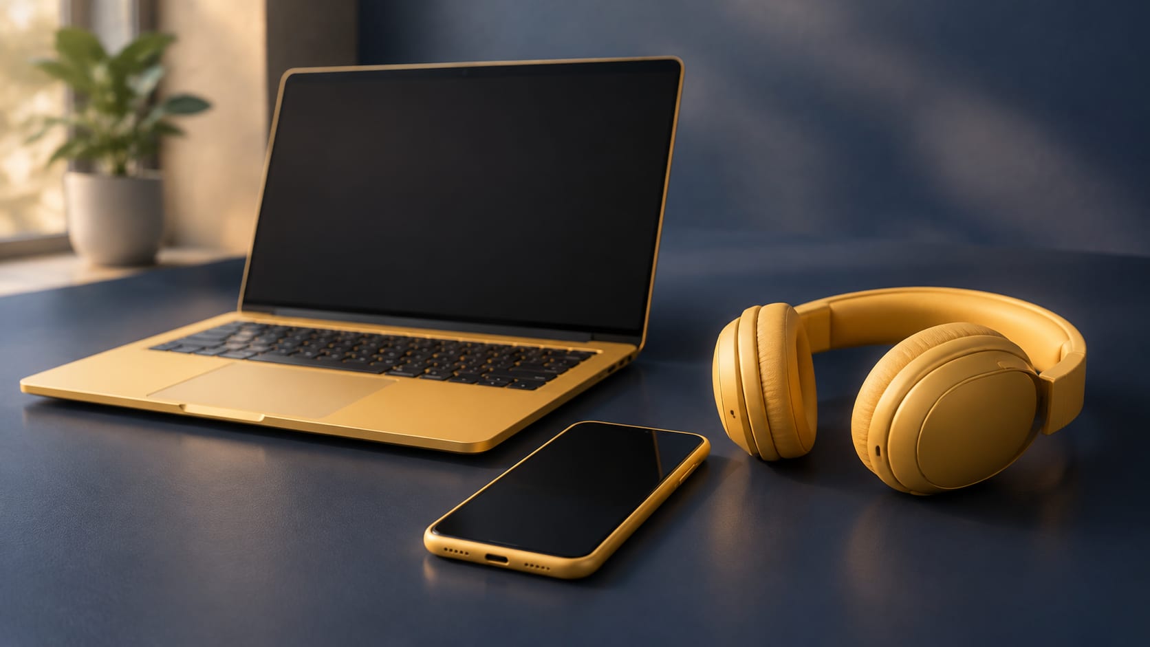 A golden laptop, smartphone and wireless headset arranged as one matching set on a dark navy surface, each piece with a soft glow along its edges.