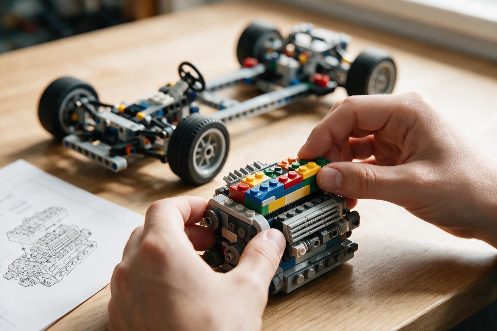 Hands assembling a toy-brick engine next to a finished rolling chassis, with the assembly instructions beside them, representing step-by-step delivery of working pieces.
