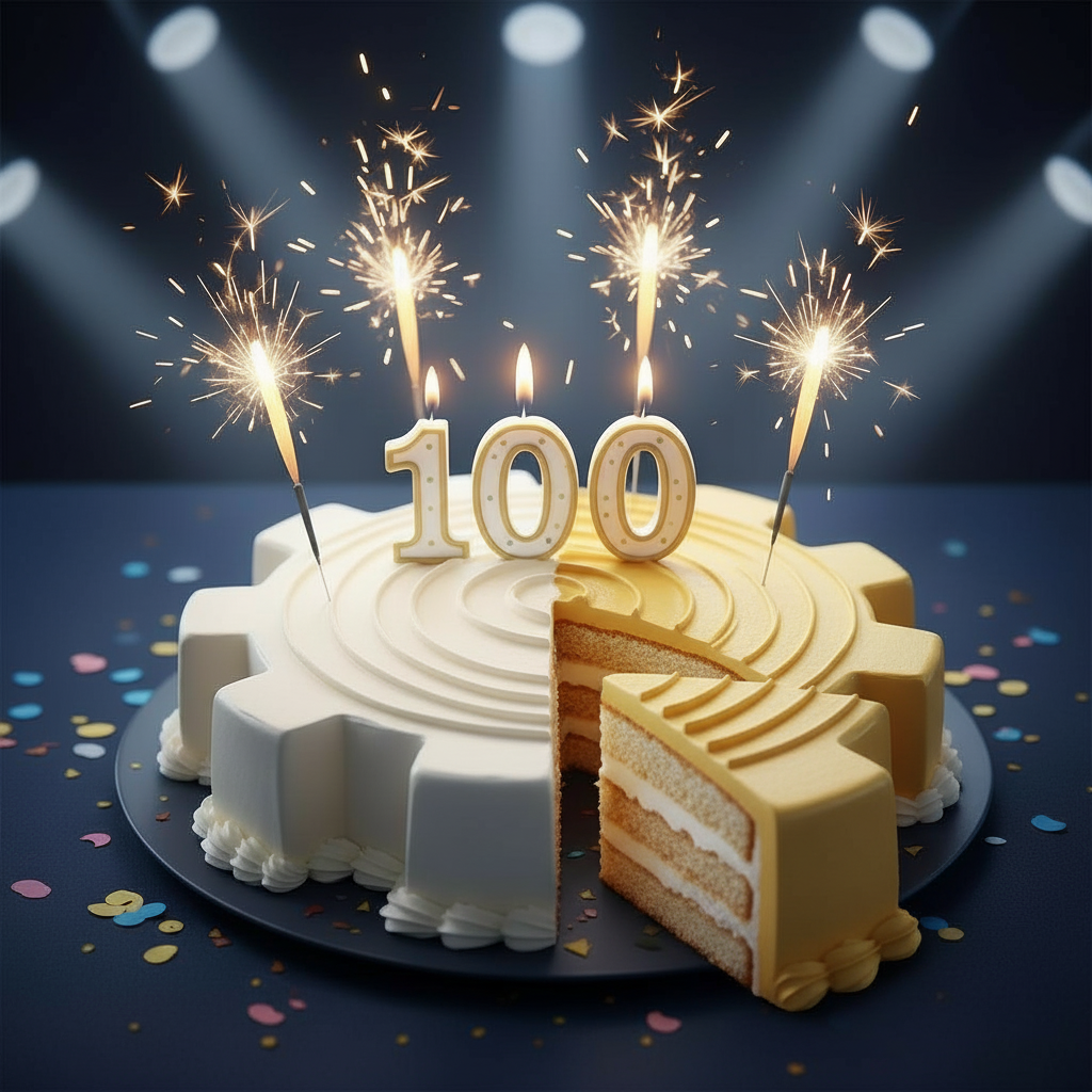 Birthday cake shaped like a white and gold gear with a slice cut out showing layered sponge and cream, topped with “100” candles and sparklers, surrounded by colorful confetti under bright spotlights.