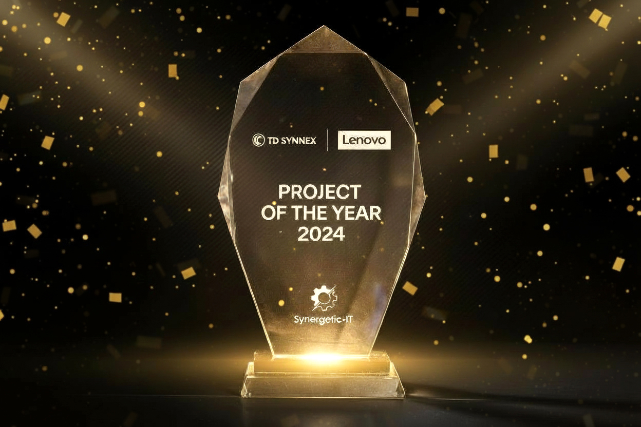 Glowing glass trophy award titled 'Project of the Year 2024' featuring the TD SYNNEX, Lenovo, and Synergetic IT logos against a dark background with festive golden confetti.
