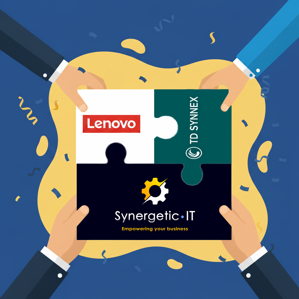 Illustration of three hands holding connected puzzle pieces with Lenovo, TD SYNNEX, and Synergetic IT logos on a festive blue and yellow confetti background.
